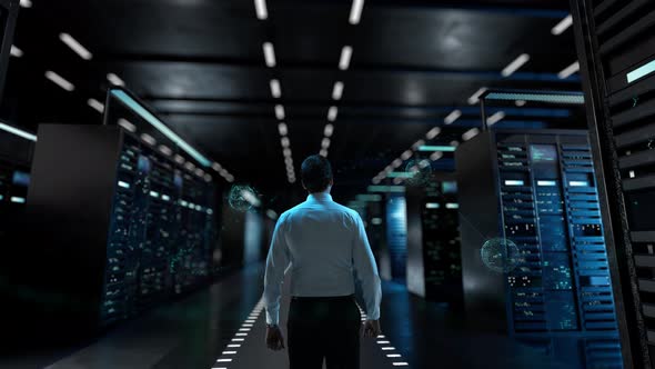 AI in Marketing IT Administrator Activating Modern Data Center Server with Hologram